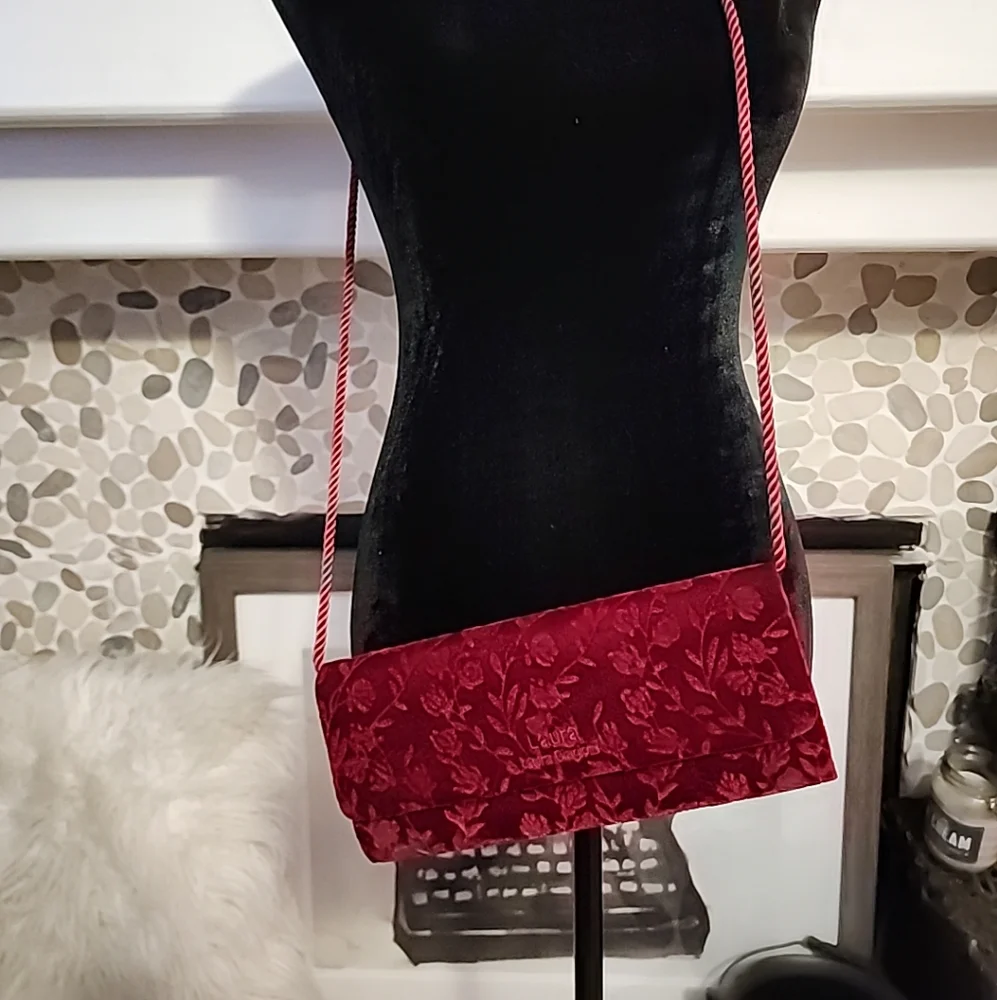 Laura Biagiotti Velvet Cross-body Burgandy Bag, Rose Pattern Imprint Appr 10x4.5 - Picture 1 of 16